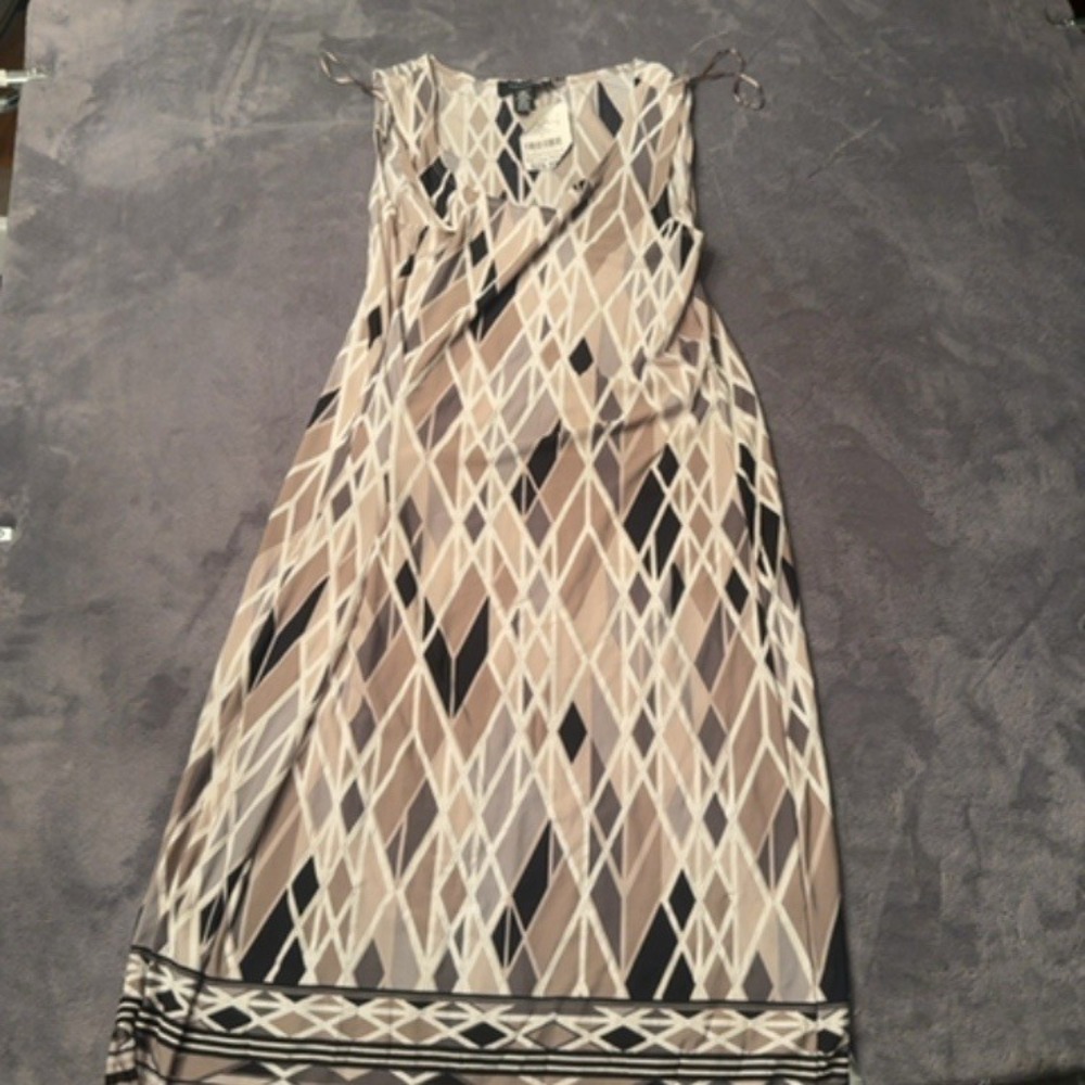 R&M Richards Dress Women 12 Tan Black Geometric Print Sleeveless Midi Shift